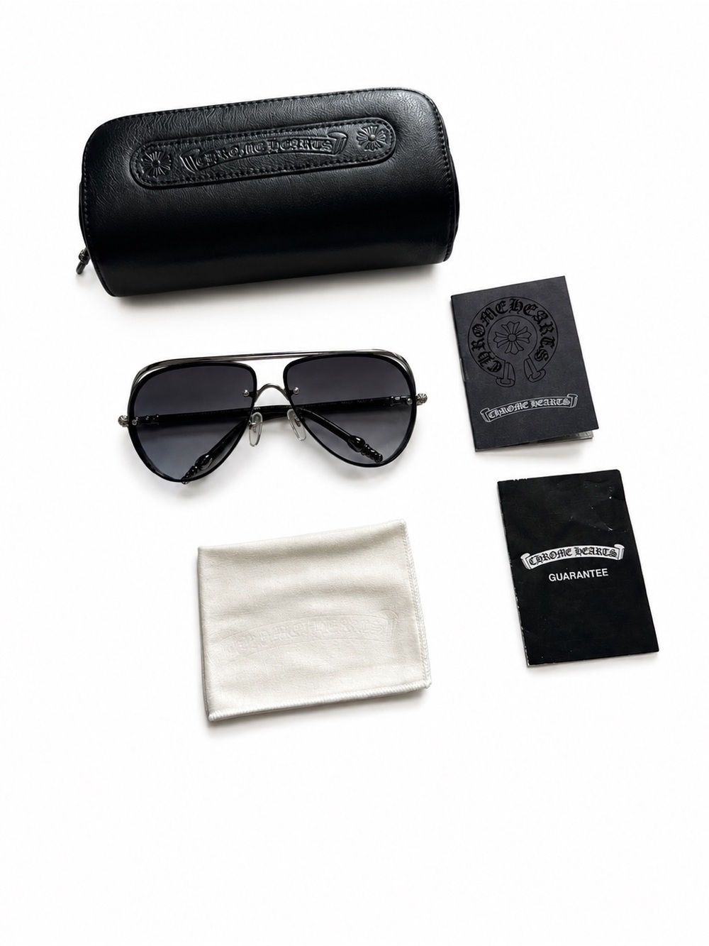 Chrome Hearts Jewel Box-1 Aviator Sunglasses Black Leather Silver Japan w/ Case